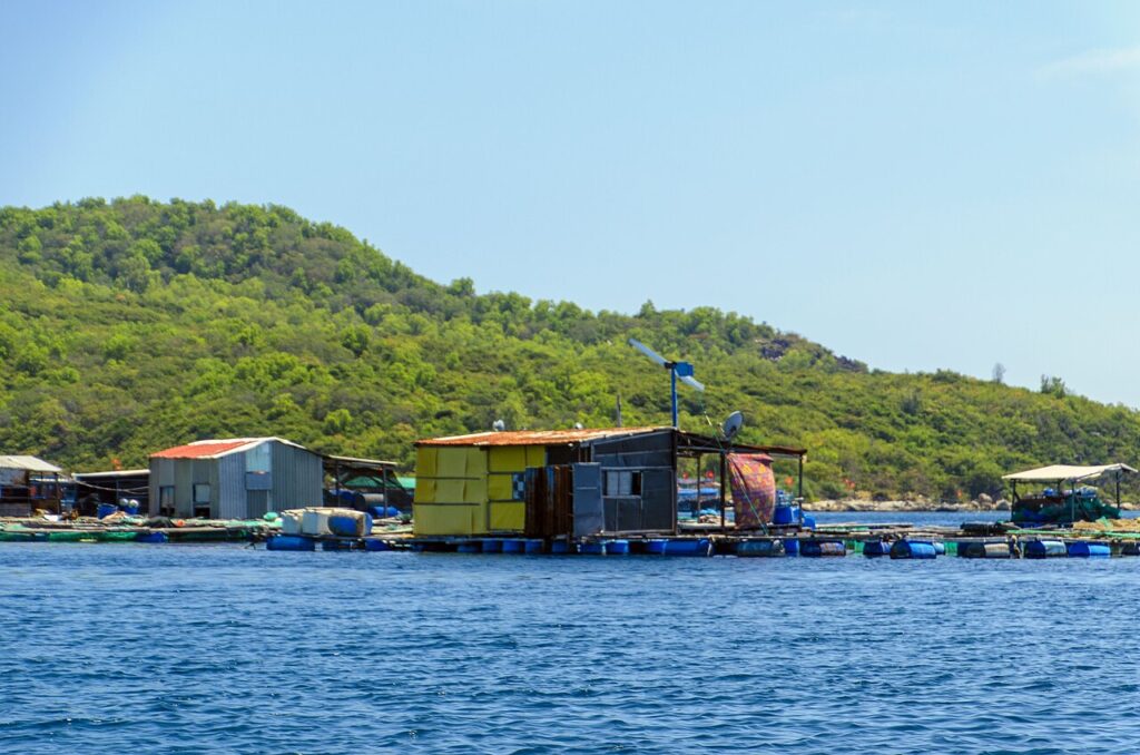 Làng bè nổi dưới chân đồi xanh trên vịnh Nha Trang
